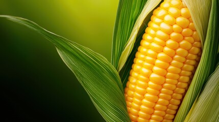 Close-up of fresh corn on the cob with green leaves