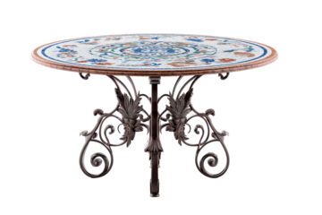 Elegant Round Table with Colorful Mosaic Top and Ornate Iron Base.