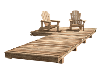 Rustic wooden pier with two empty Adirondack chairs isolated.