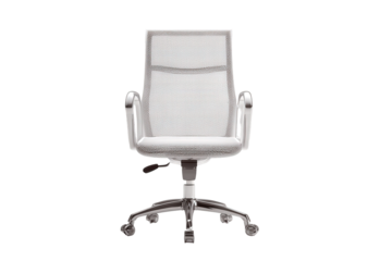 Modern white ergonomic office chair with mesh back and chrome base.