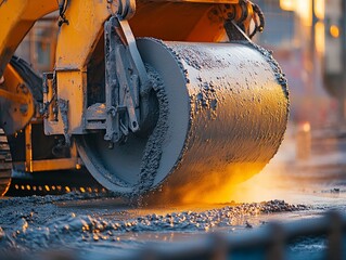 Road construction machinery compacting fresh asphalt