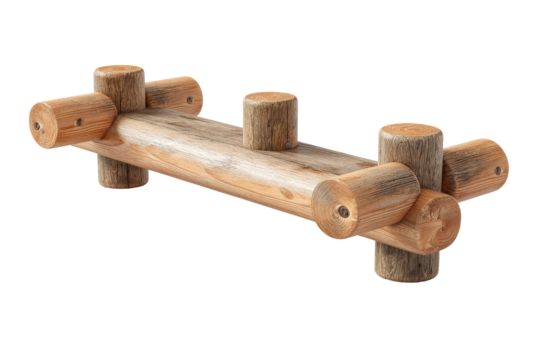 Handcrafted rustic wooden log bench isolated on white background.