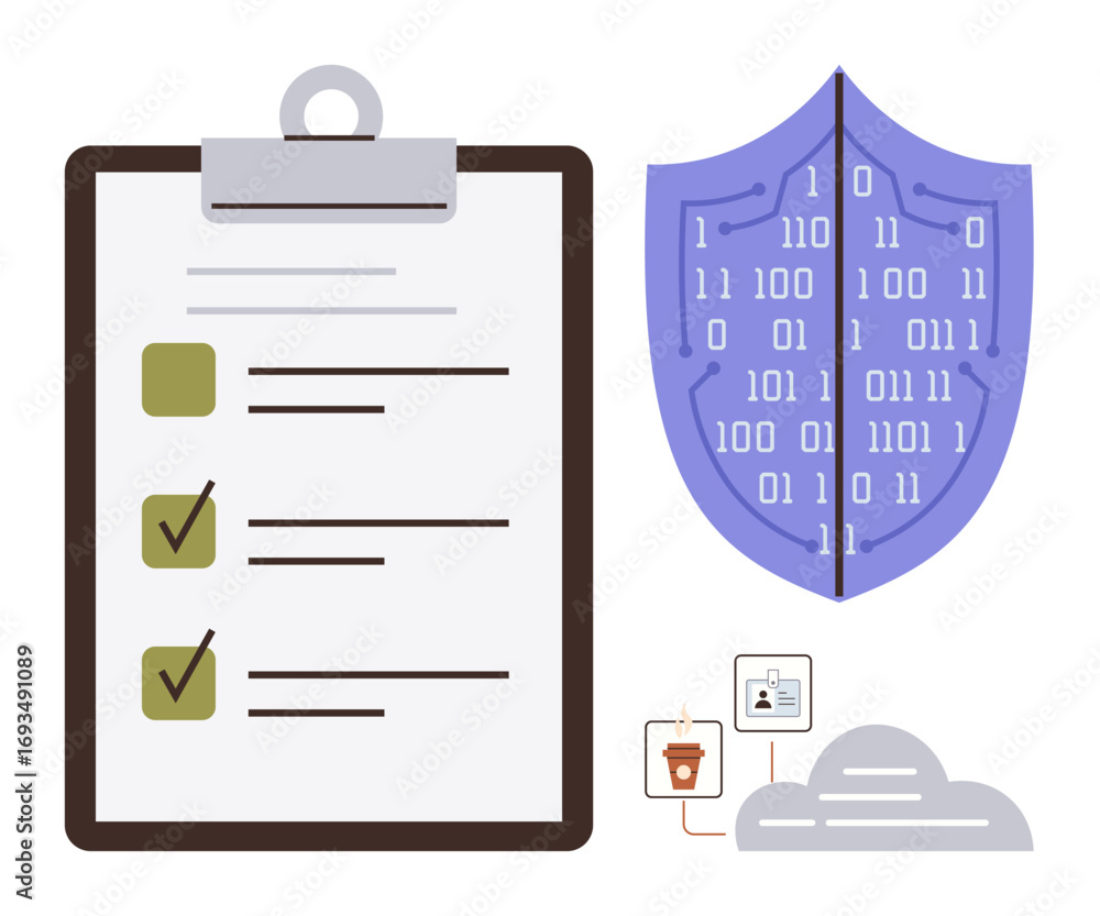 Poster clipboard with checklist, binary-coded shield, cloud icons, and connection lines. ideal for security