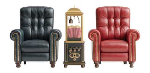 Vintage Cinema Chairs and Popcorn Machine, Isolated on Transparent Background