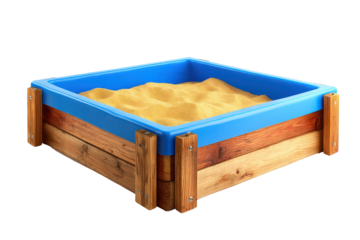 Childrens square wooden sandbox with a blue plastic liner.