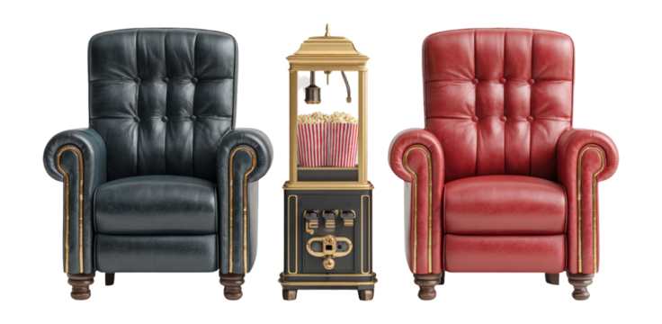 Vintage Cinema Chairs and Popcorn Machine, Isolated on Transparent Background