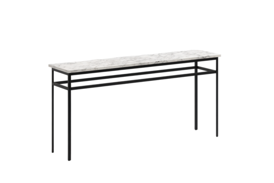 Minimalist console table with white marble top and black metal frame.