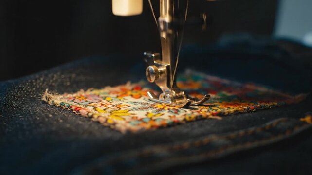 Detailed close-up of a sewing machine needle stitching a colorful floral patch onto dark blue denim fabric, a concept of mending and upcycling