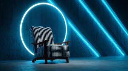 A stylish gray armchair sits against a textured wall, bathed in sunlight.