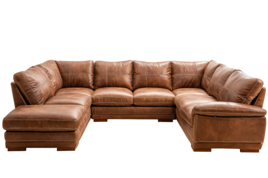 Large brown leather U-shaped sectional sofa isolated on a white background.