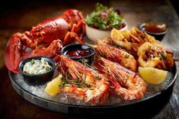 Gourmet seafood platter with whole lobster, grilled prawns, and calamari served on ice with dipping sauces.
