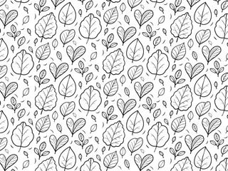 Seamless Hand Drawn Leaf Pattern in Black and White Line Art Style