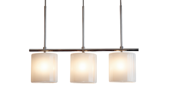 Modern triple pendant ceiling light fixture with cylindrical shades.
