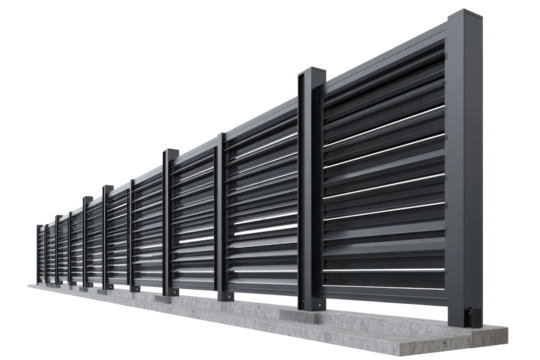 Modern black industrial fence with horizontal slats on a white background.