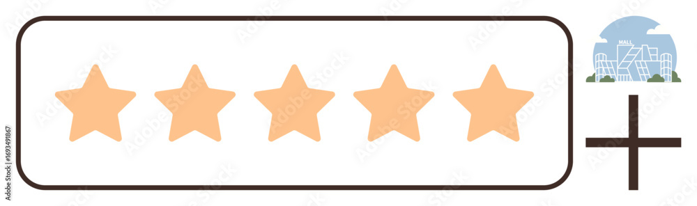 Poster five orange stars in a rectangular frame accompanied by a cityscape icon and a large plus sign. idea