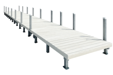 A long prefabricated sectional boat dock isolated on a white background.