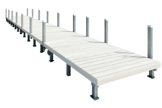 A long prefabricated sectional boat dock isolated on a white background.