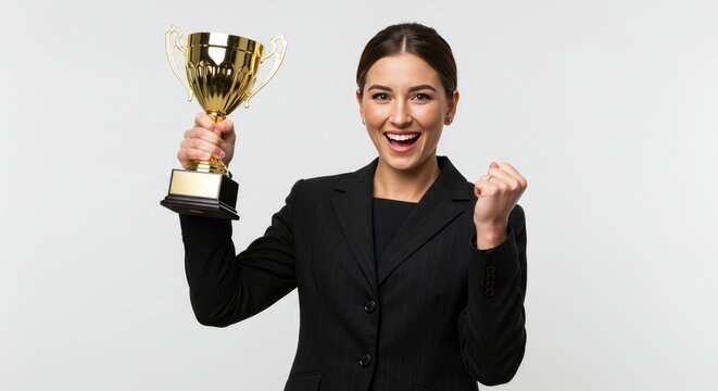 Successful businesswoman celebrates victory with trophy