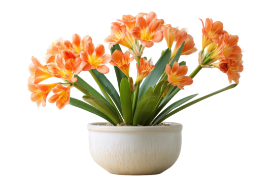 Vibrant orange Clivia miniata flowers blooming in a ceramic pot.