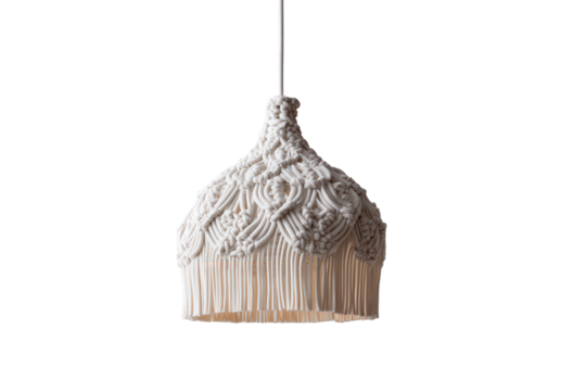 Elegant handcrafted macrame pendant lamp with detailed knotwork and fringe.