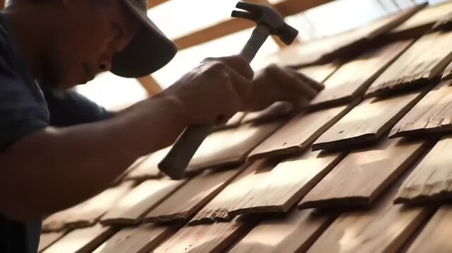 Person installing wooden roof tiles