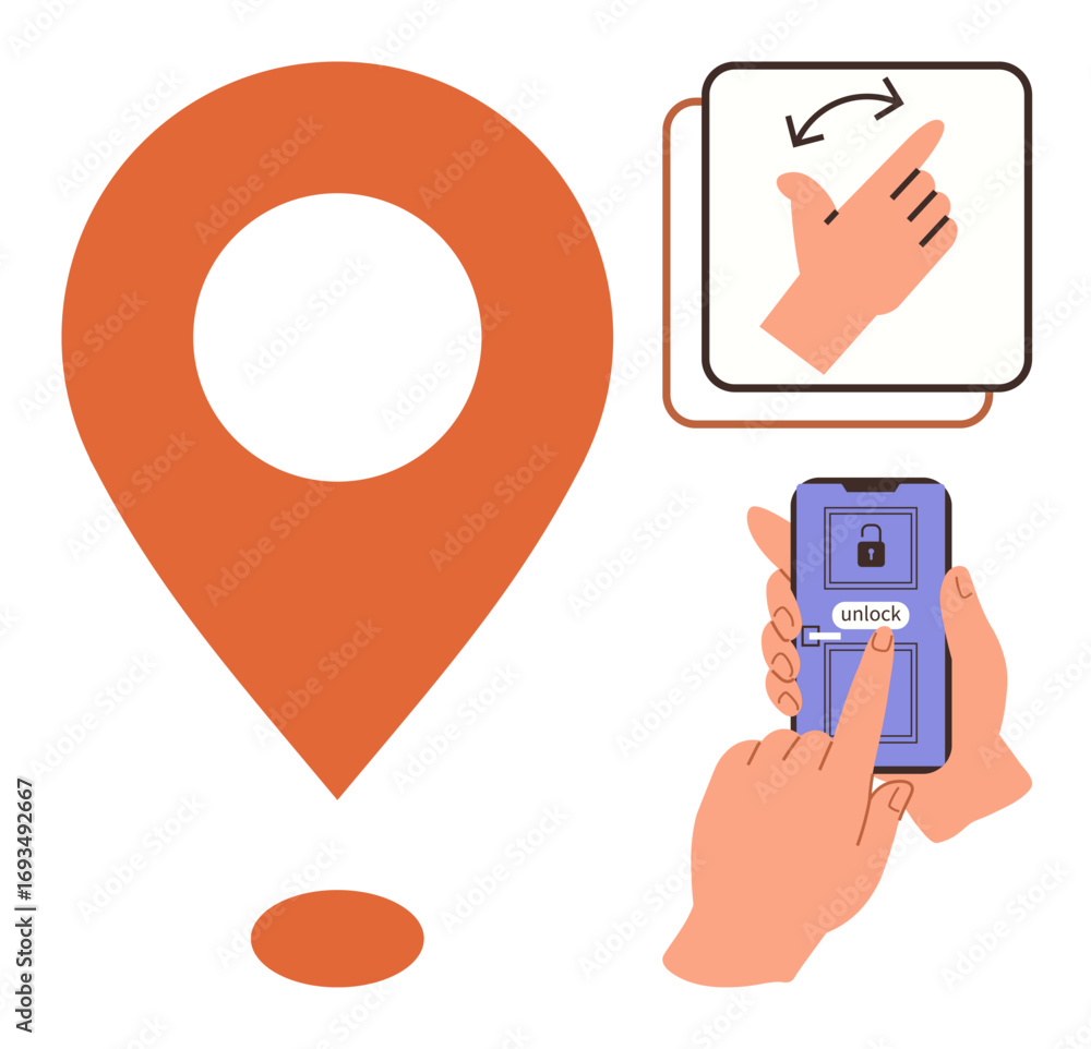 Poster large location marker next to swipe gesture and mobile phone unlock action. ideal for navigation, se