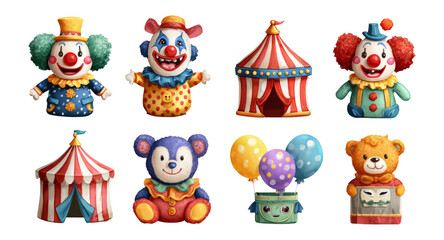 Fototapeta premium Colorful Cartoon Circus Characters and Decorations on Transparent Background
