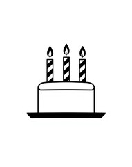 Simple line drawing of a birthday cake with three lit candles