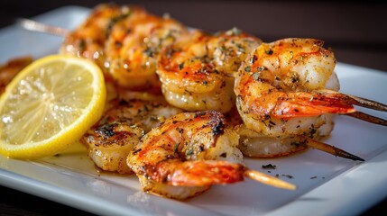 Grilled Shrimp Skewers with Lemon, Herb Seasoning on White Plate, Close-Up