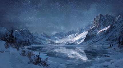 Frozen alpine lake surrounded by snow-covered mountains under a starry night sky, capturing the peaceful and dramatic beauty of a winter landscape with reflections of stars on ice and majestic peaks i