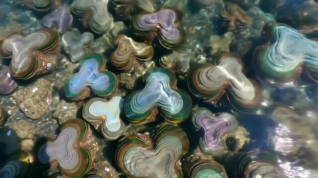 Colorful underwater clam clusters