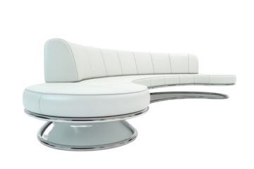 Modern white curved sofa with a sleek chrome base.