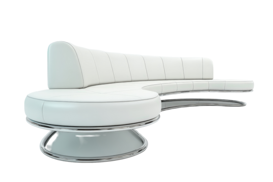 Modern white curved sofa with a sleek chrome base.