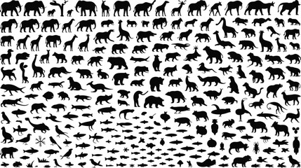 Animal silhouettes collection, wildlife vector icons, black animal shapes, diverse species illustration, mammals birds fish reptiles, flat vector illustration