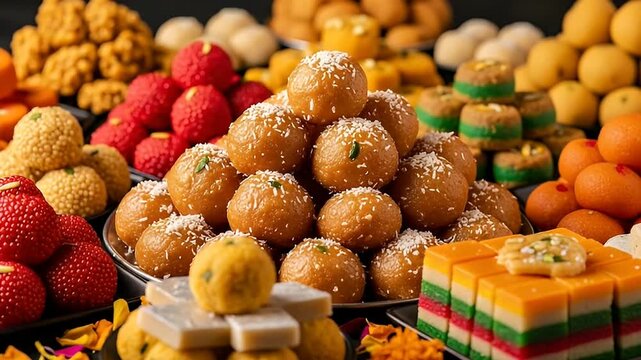 Assorted Festive Sweets Displayed with Shallow Depth of Field and Warm Lighting