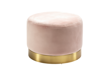Elegant pink velvet round ottoman with a shiny gold base.