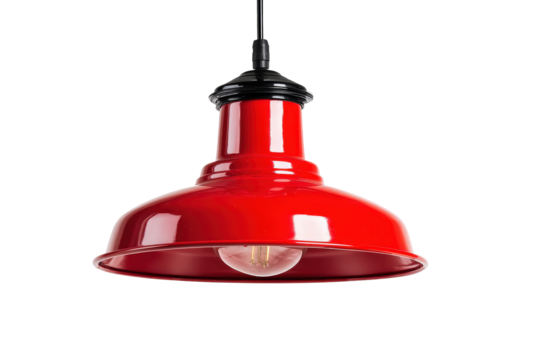 A bright red industrial style hanging pendant lamp.