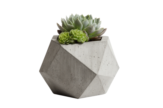 Green succulent plant in a modern geometric concrete planter.