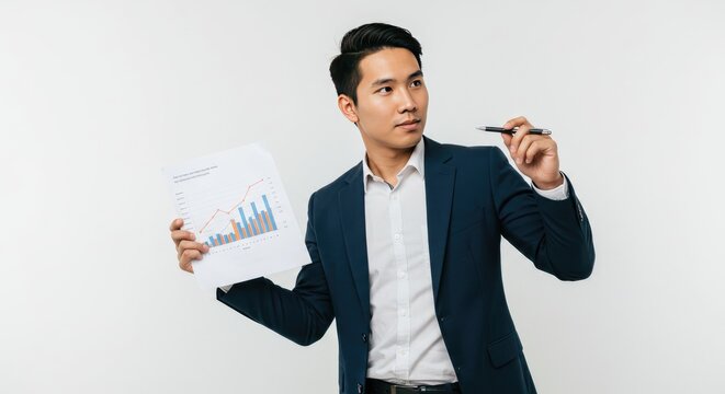 Young Asian businessman analyzing financial report with pen
