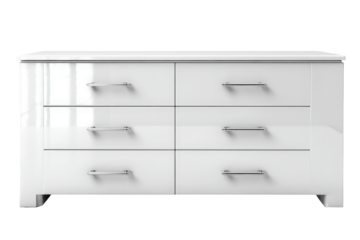 Modern white glossy six drawer dresser chest isolated.
