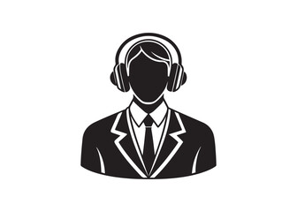 Businessperson wearing headphones, monochrome silhouette, professional communication icon.