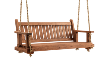 Classic wooden porch swing hanging from chains isolated on white.
