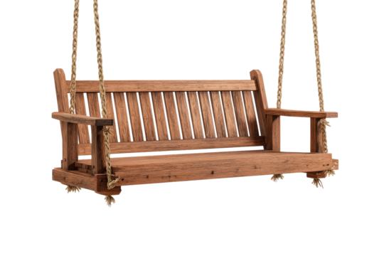Classic wooden porch swing hanging from chains isolated on white.