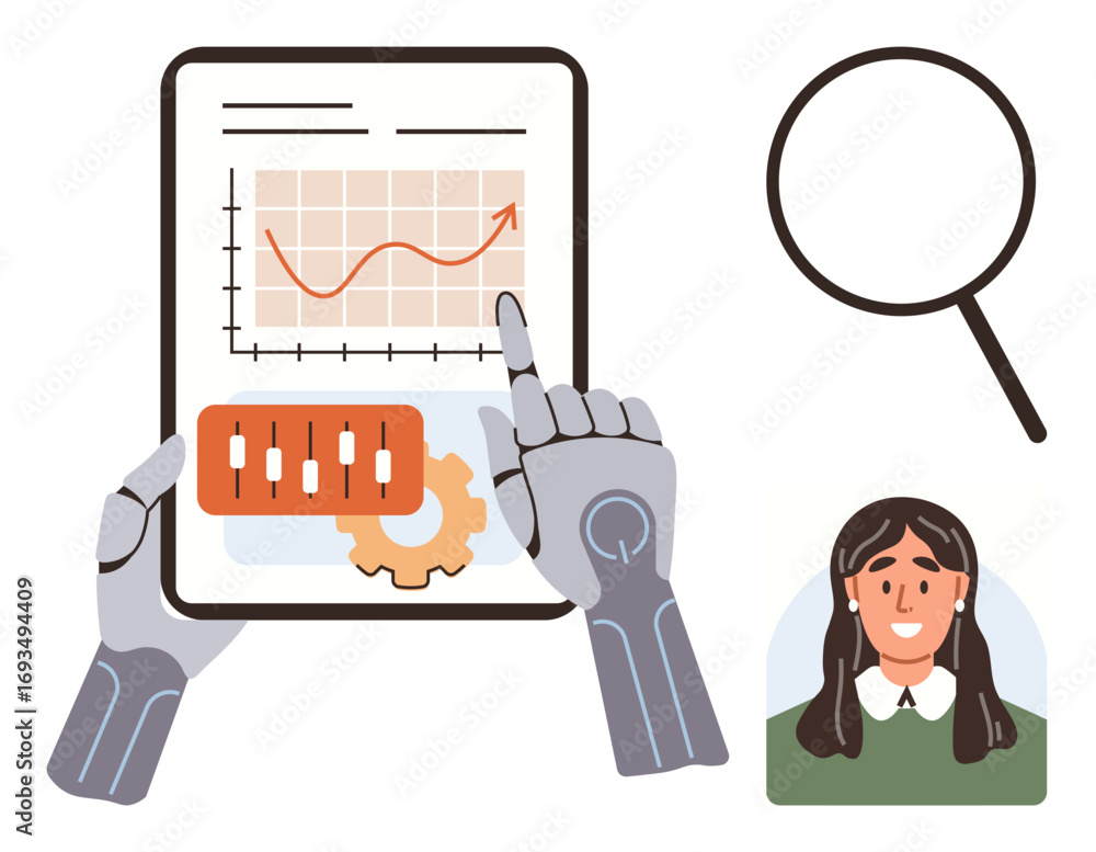 Poster robot hands interacting with a tablet displaying a rising graph, sliders, and gear icon. magnifier a