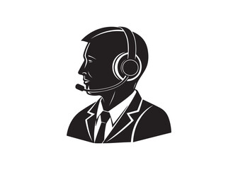 Businessperson wearing headphones, monochrome silhouette, professional communication icon.
