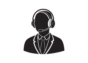 Businessperson wearing headphones, monochrome silhouette, professional communication icon.