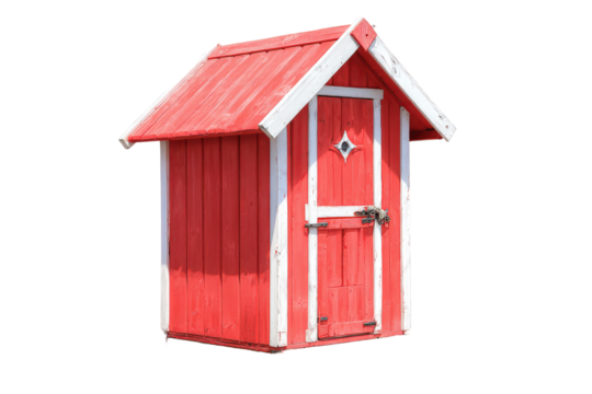 Small red wooden outhouse with white trim isolated.