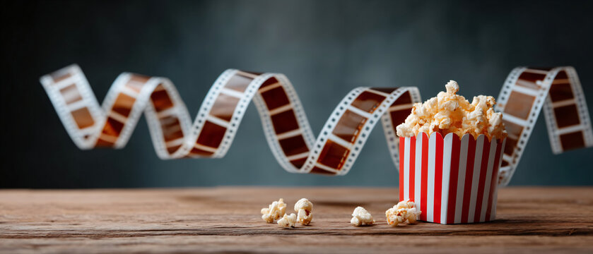 Popcorn Box and Hanging Film Frames — Cinema Banner with Left Copy Space - Powered by Adobe