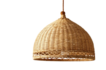 Handcrafted woven rattan dome pendant lamp isolated on white.