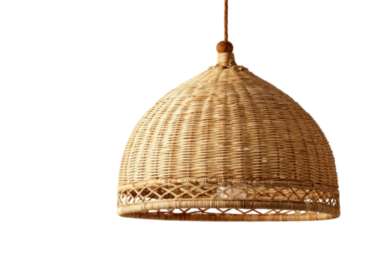 Handcrafted woven rattan dome pendant lamp isolated on white.